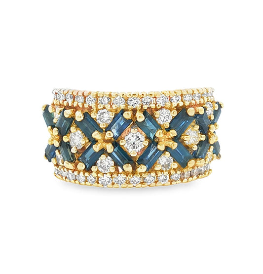 Blue Sapphire and Diamond 14k yellow gold Wide Band Ring