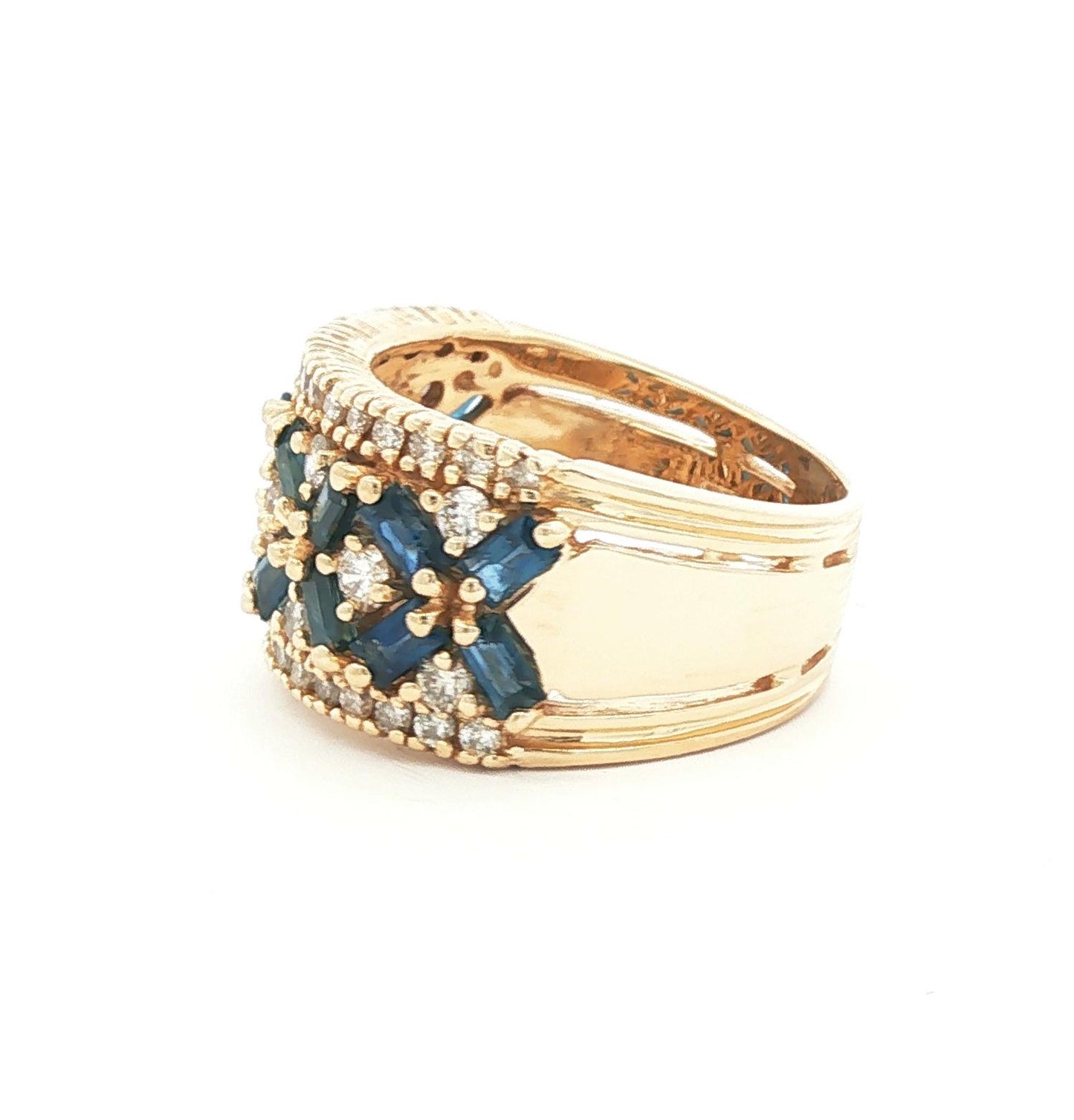 Blue Sapphire and Diamond 14k yellow gold Wide Band Ring