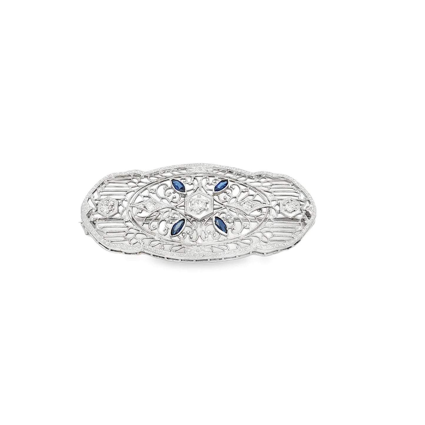 Depression filigree diamond and synthetic sapphire 14k white gold pin