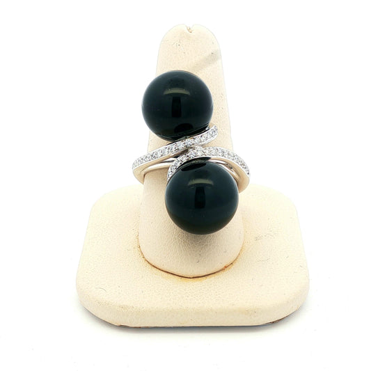 Black onyx offset balls and diamond 14k white gold ring