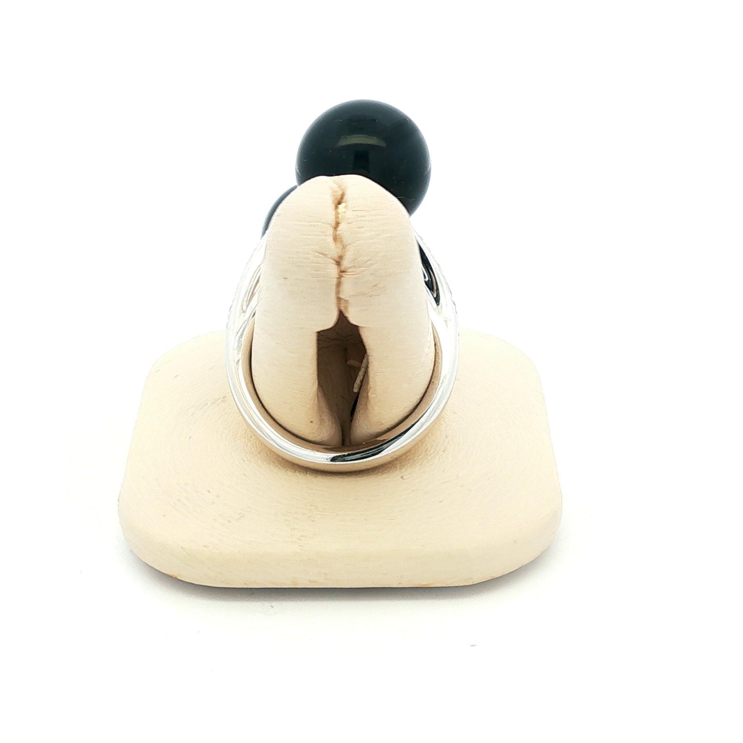 Black onyx offset balls and diamond 14k white gold ring