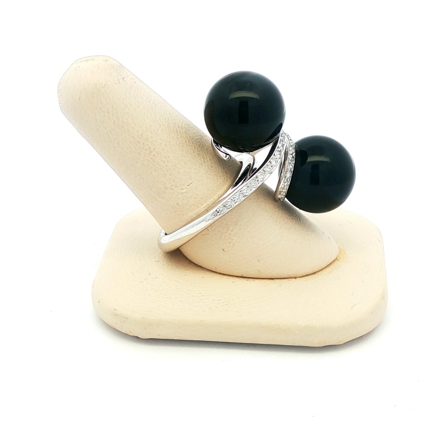 Black onyx offset balls and diamond 14k white gold ring
