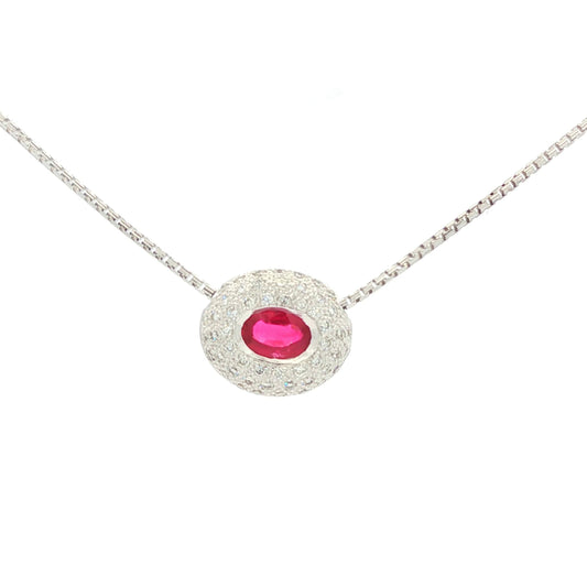 Natural oval ruby and pave diamond slide 14k white gold necklace
