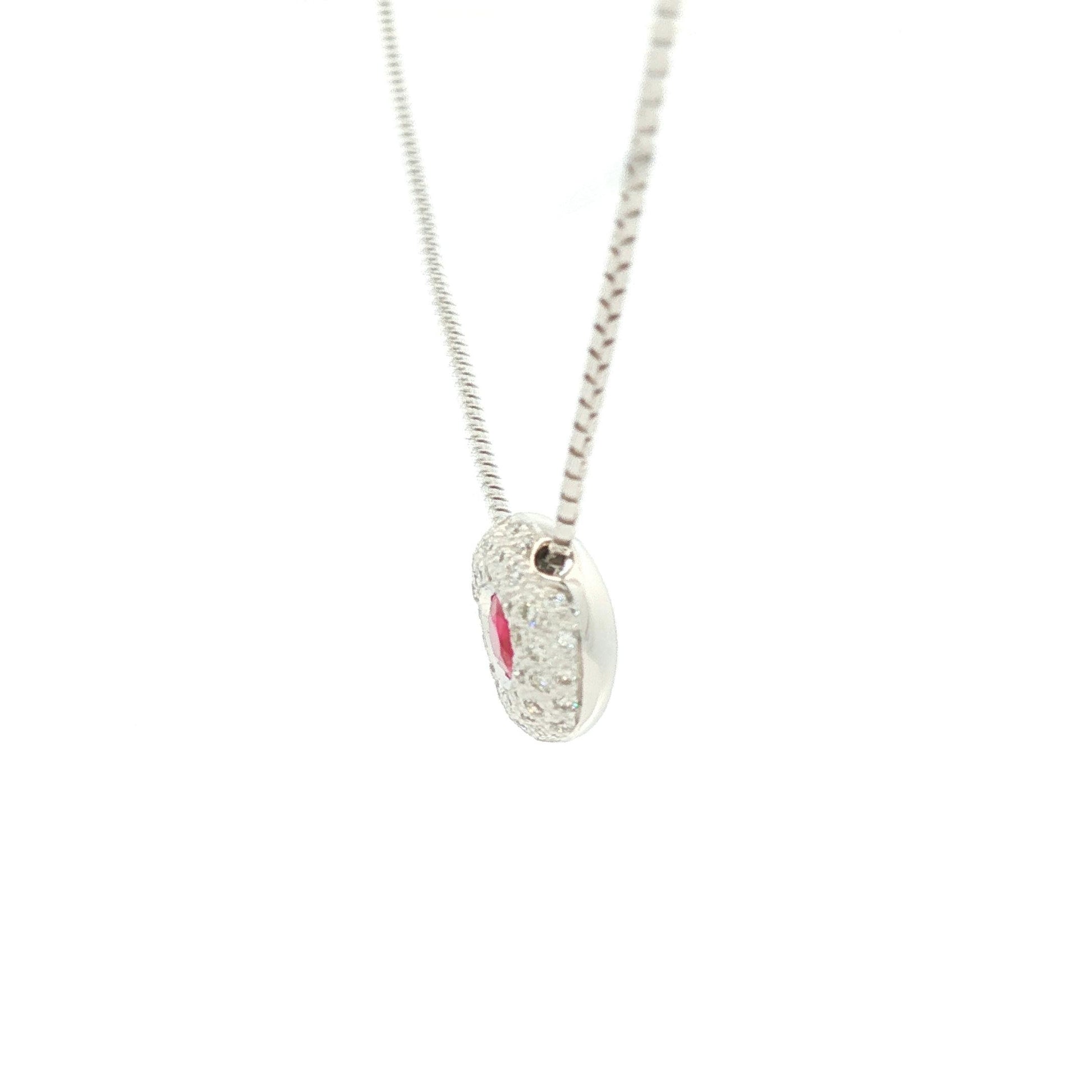 Natural oval ruby and pave diamond slide 14k white gold necklace