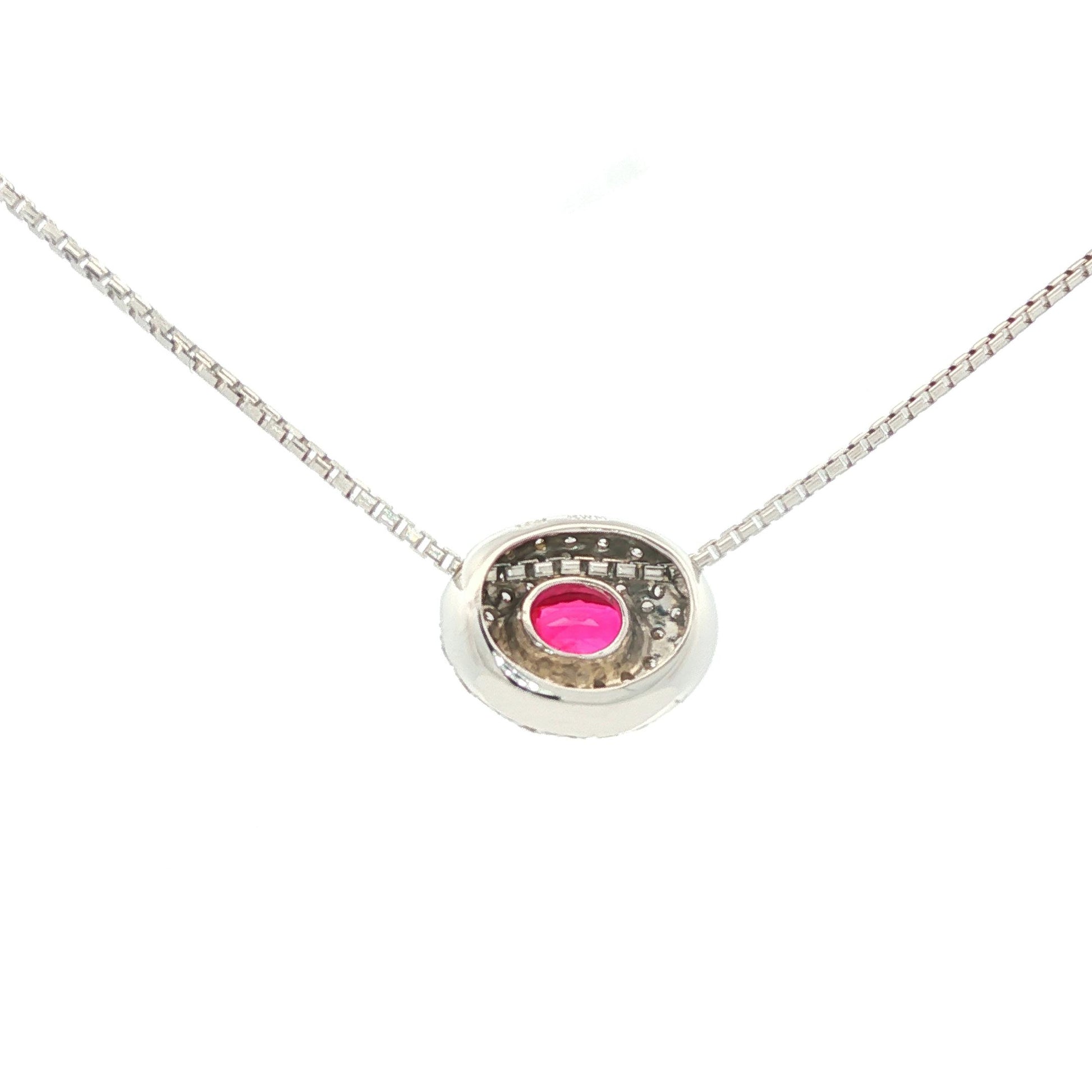 Natural oval ruby and pave diamond slide 14k white gold necklace