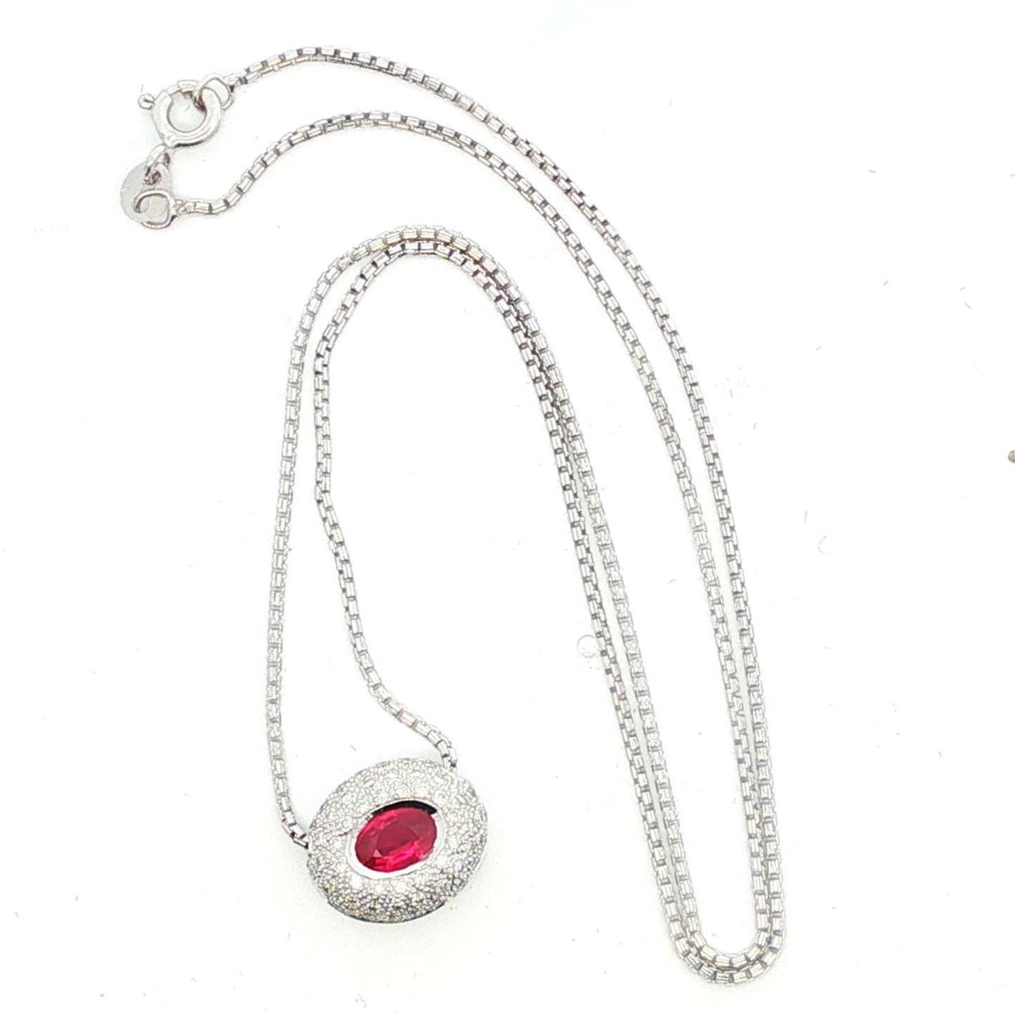 Natural oval ruby and pave diamond slide 14k white gold necklace