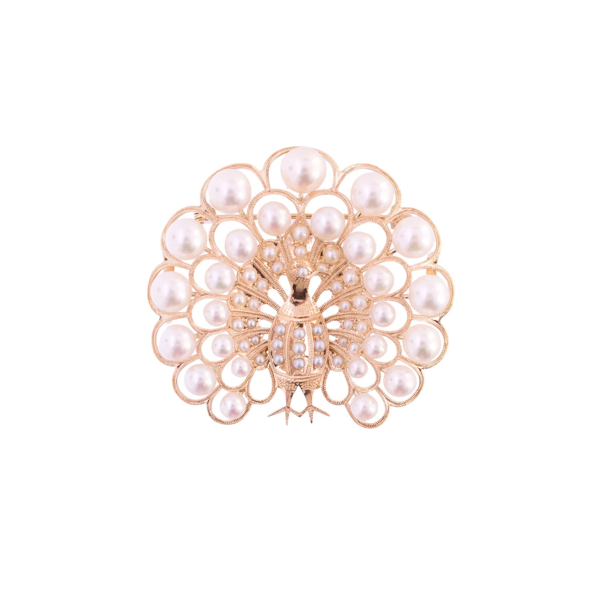 14K Gold Cultured Pearl Peacock Pin/Pendant