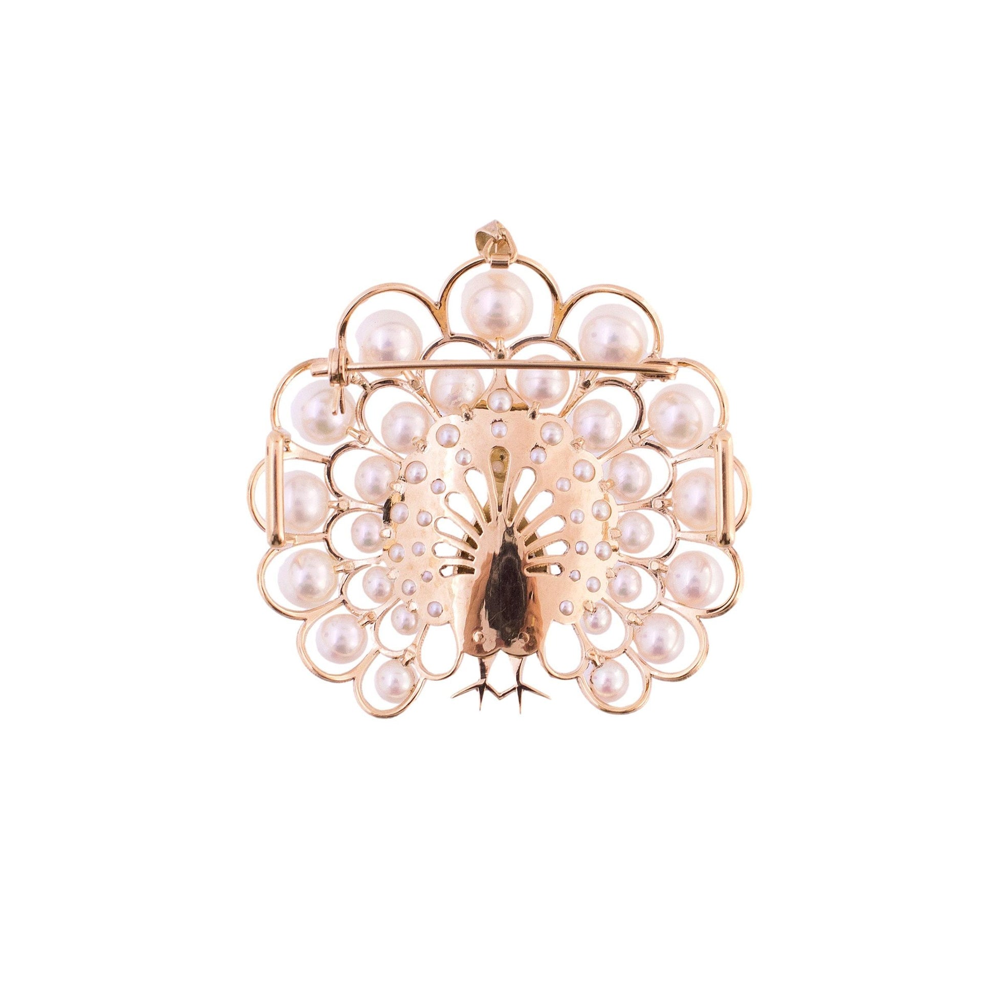 14K Gold Cultured Pearl Peacock Pin/Pendant