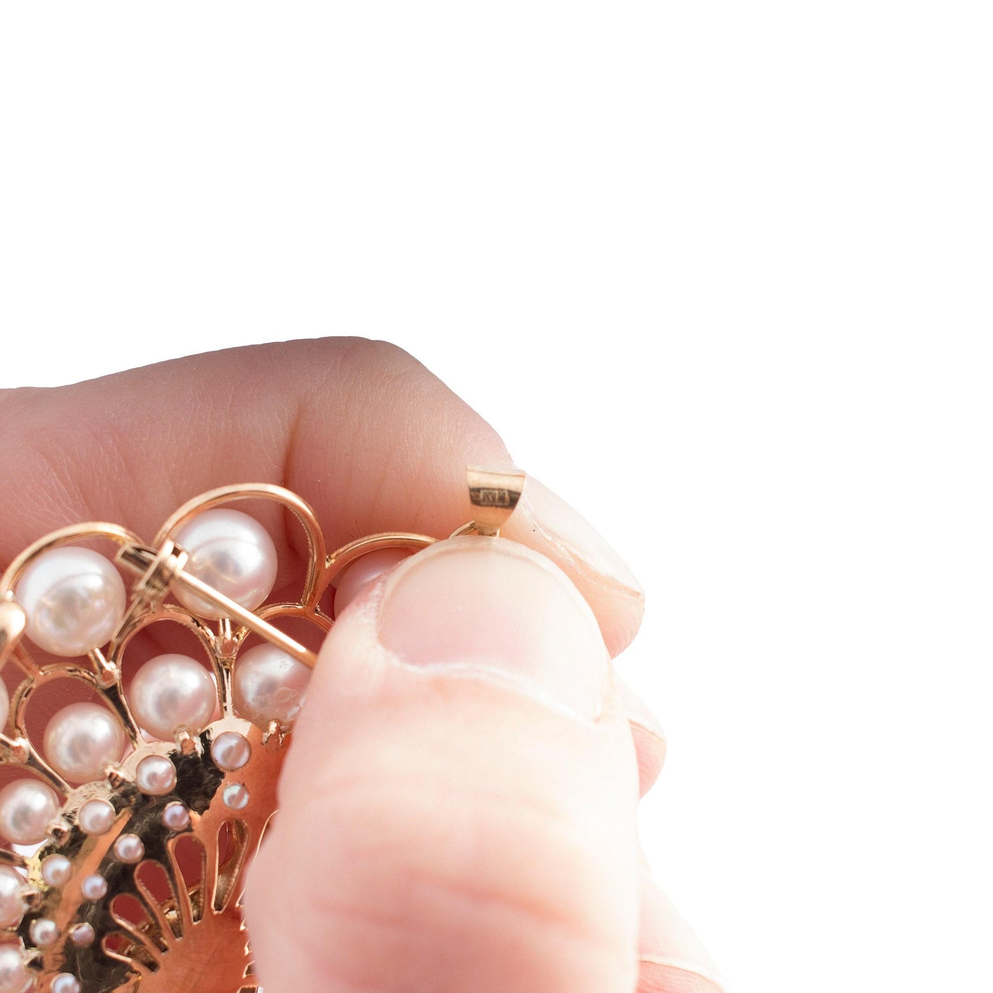 14K Gold Cultured Pearl Peacock Pin/Pendant