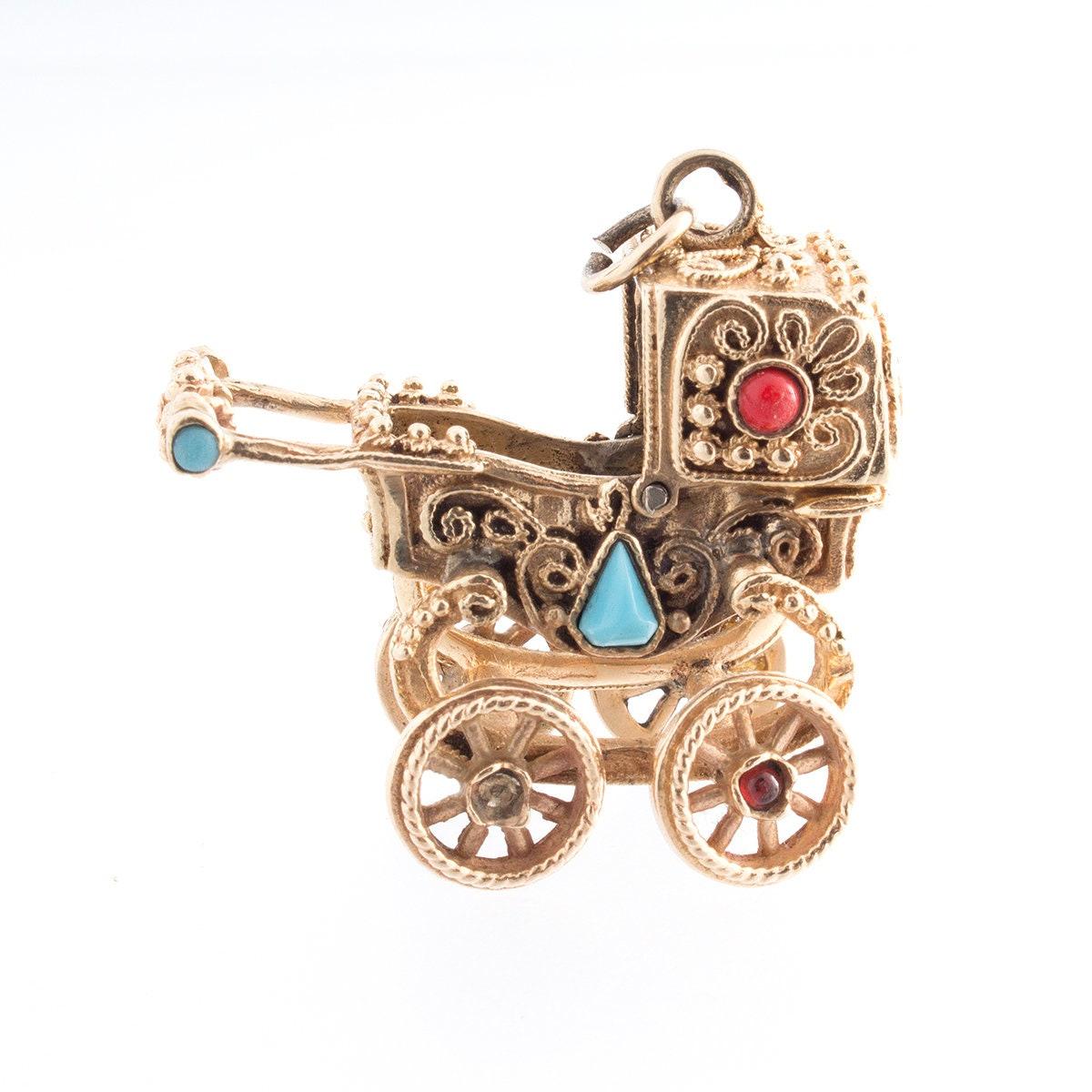 14K Gold Ornate Baby Stroller Charm