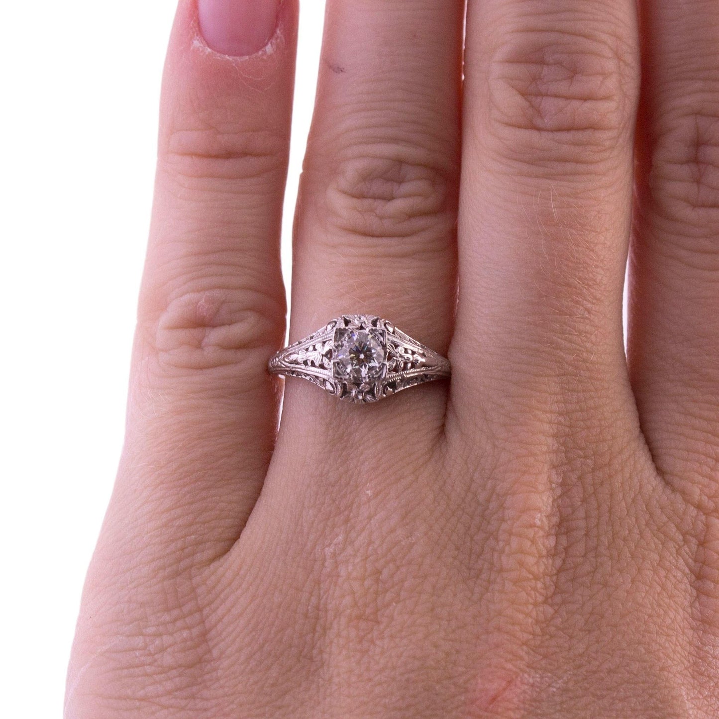 14K White Gold Diamond Floral Filigree Ring