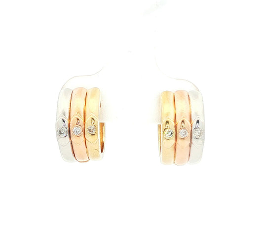 Tri colored 14k hugger style earrings with diamonds