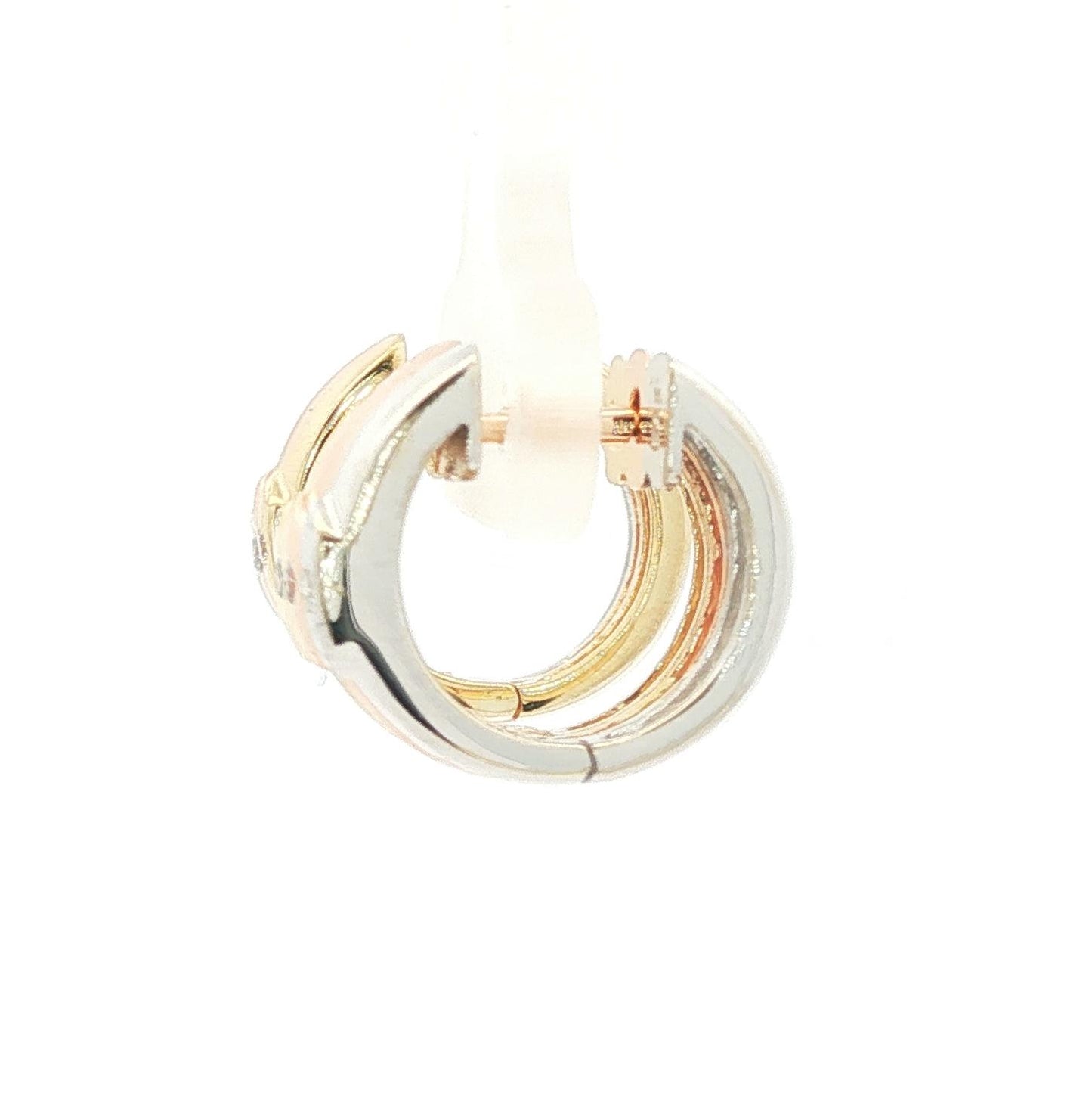 Tri colored 14k hugger style earrings with diamonds