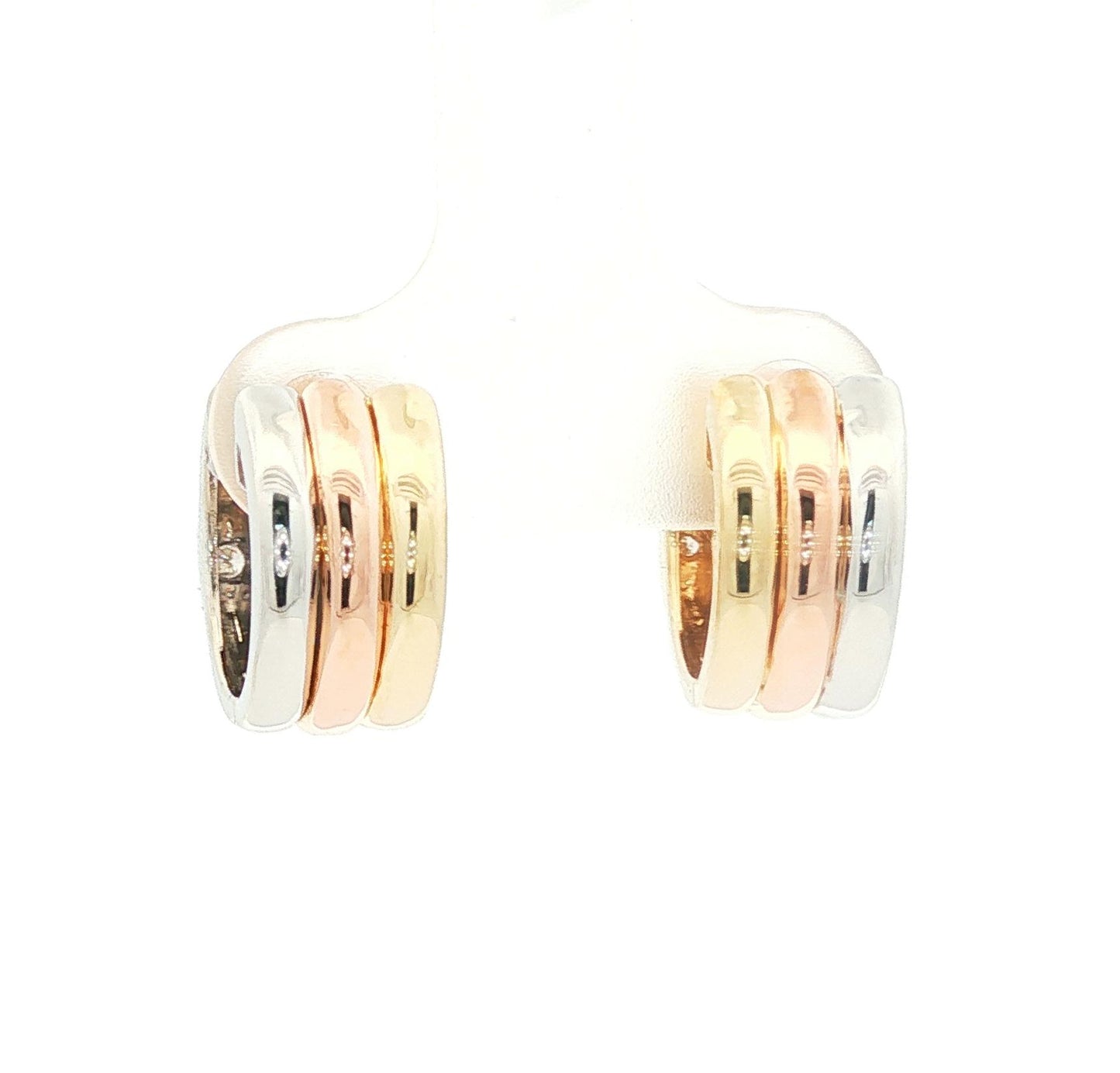 Tri colored 14k hugger style earrings with diamonds