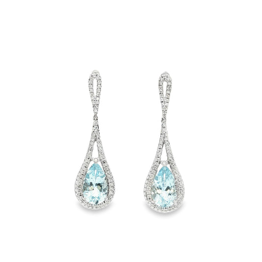 Fine pear shaped Aquamarine and diamond drop earrings