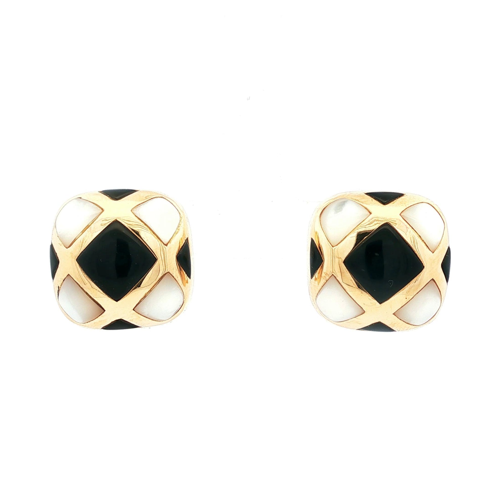 Mother of pearl and onyx inlayed 18k yellow gold button earrings