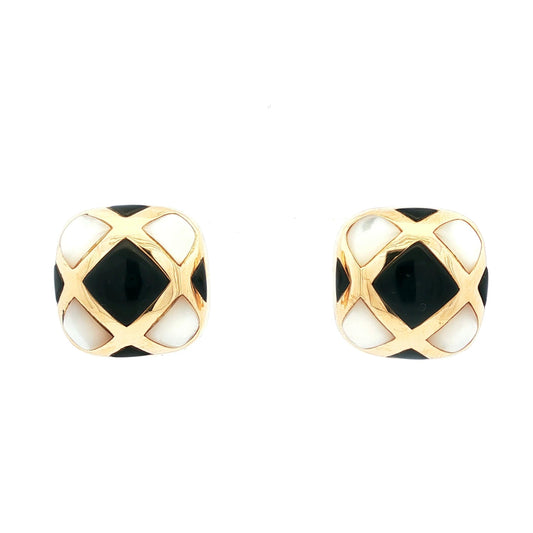 Mother of pearl and onyx inlayed 18k yellow gold button earrings