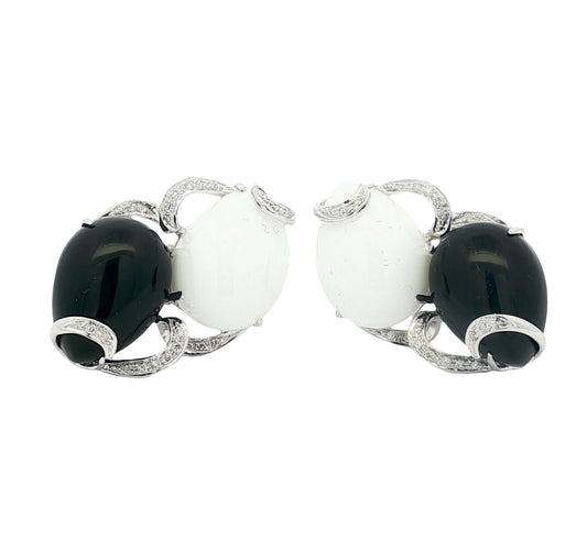 White Jade, Black Onyx and Diamond 18k white gold earrings