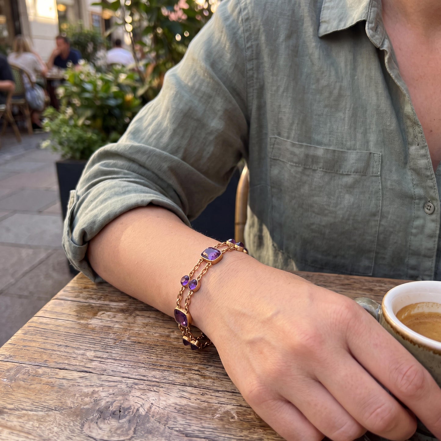 1940's 14k Rose Gold Faceted and Cabochon Fine Amethyst Link Bracelet