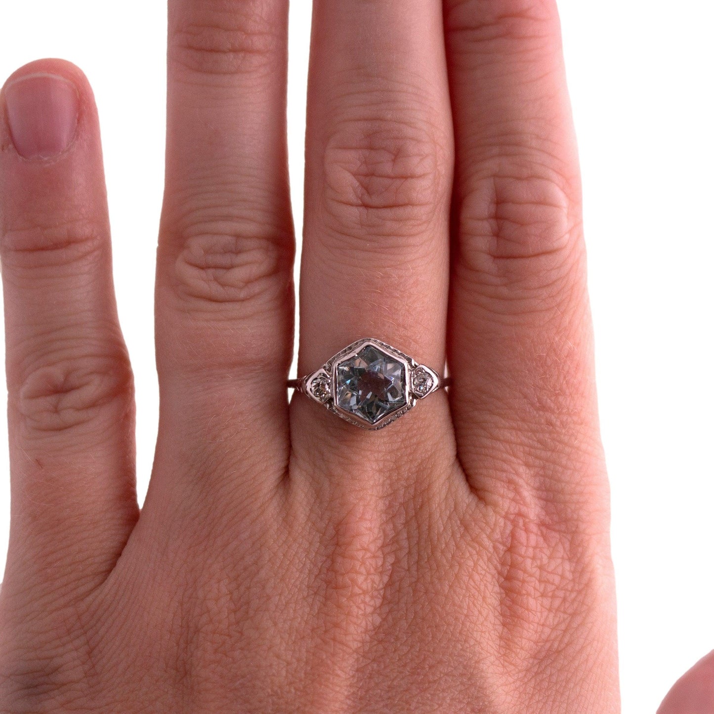 Hexagonal Aqua 2 Diamond 14k White Gold 1930's Filigree Ring