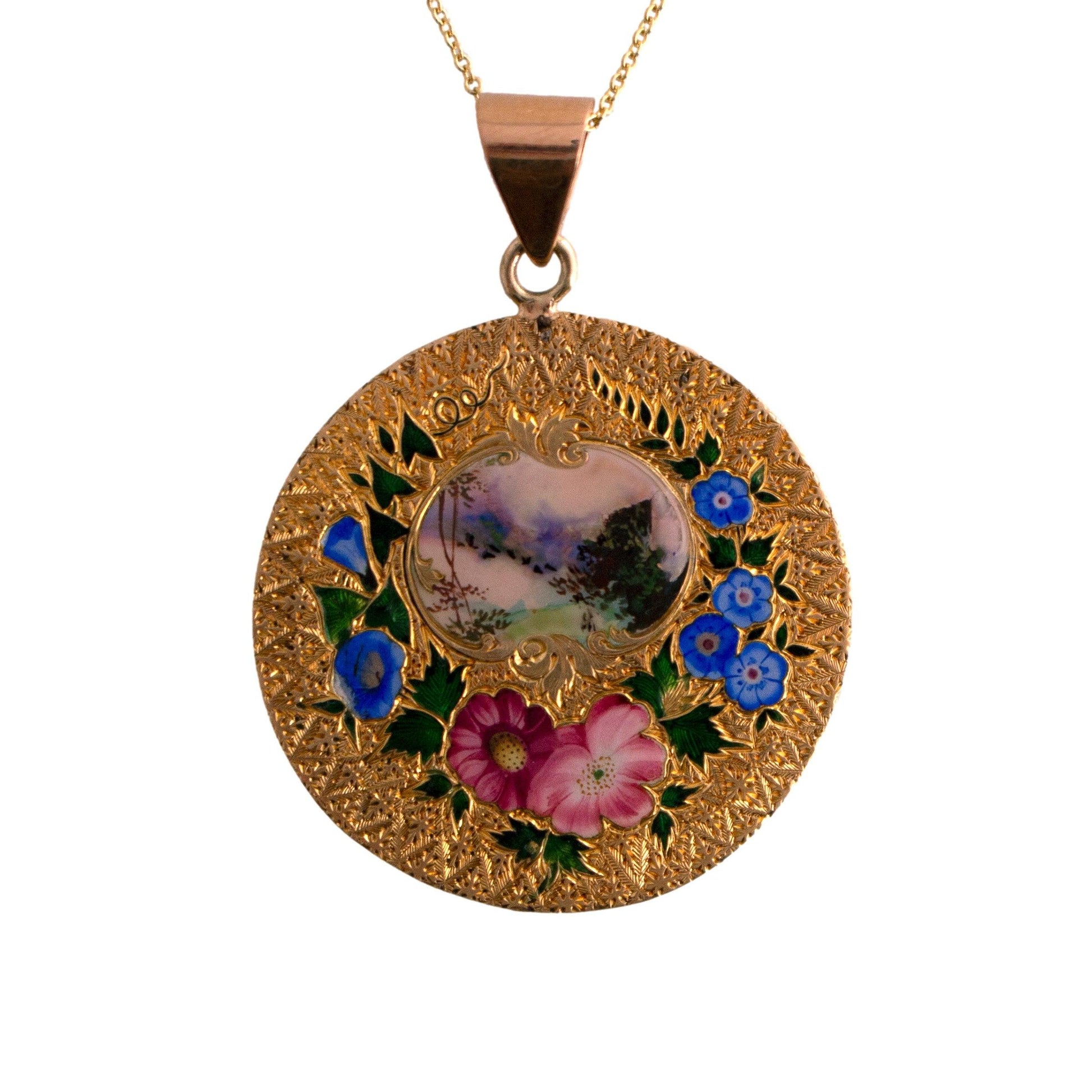 Art Nouveau Floral Enameled Pendant on Chain