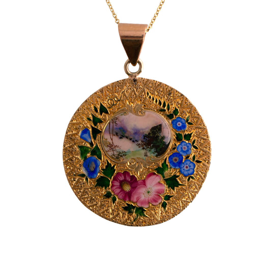 Art Nouveau Floral Enameled Pendant on Chain