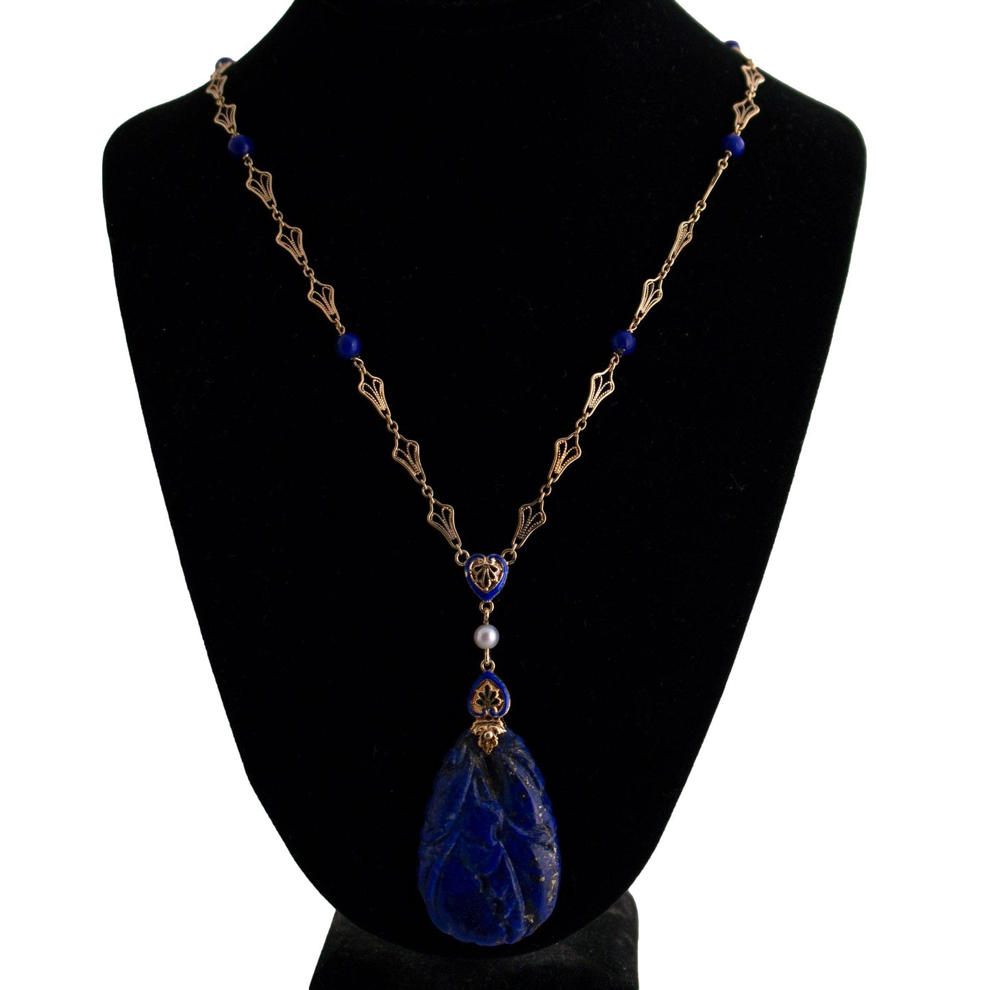 Carved Lapis and Enamel Necklace