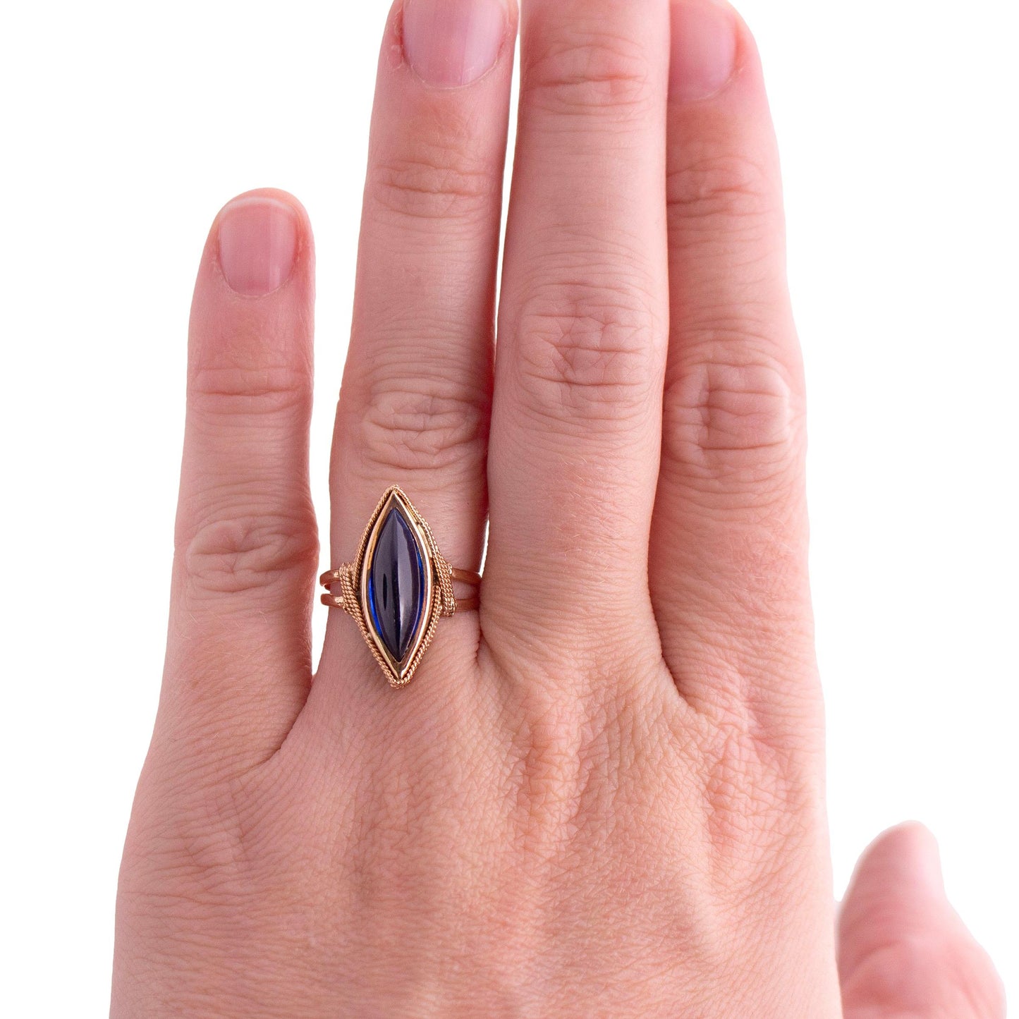 Blue Glass Marquise Twisted Wire Ring