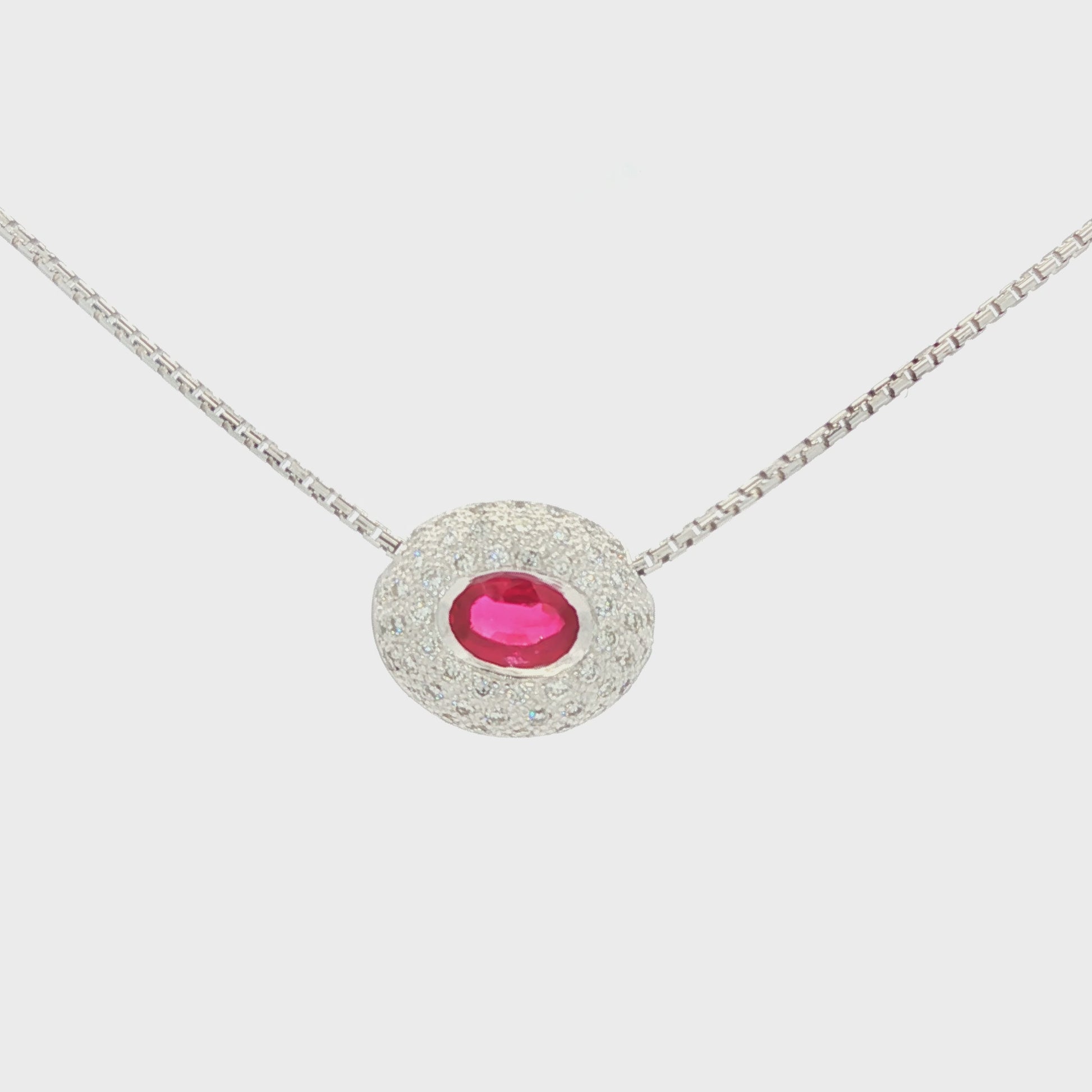 Natural oval ruby and pave diamond slide 14k white gold necklace
