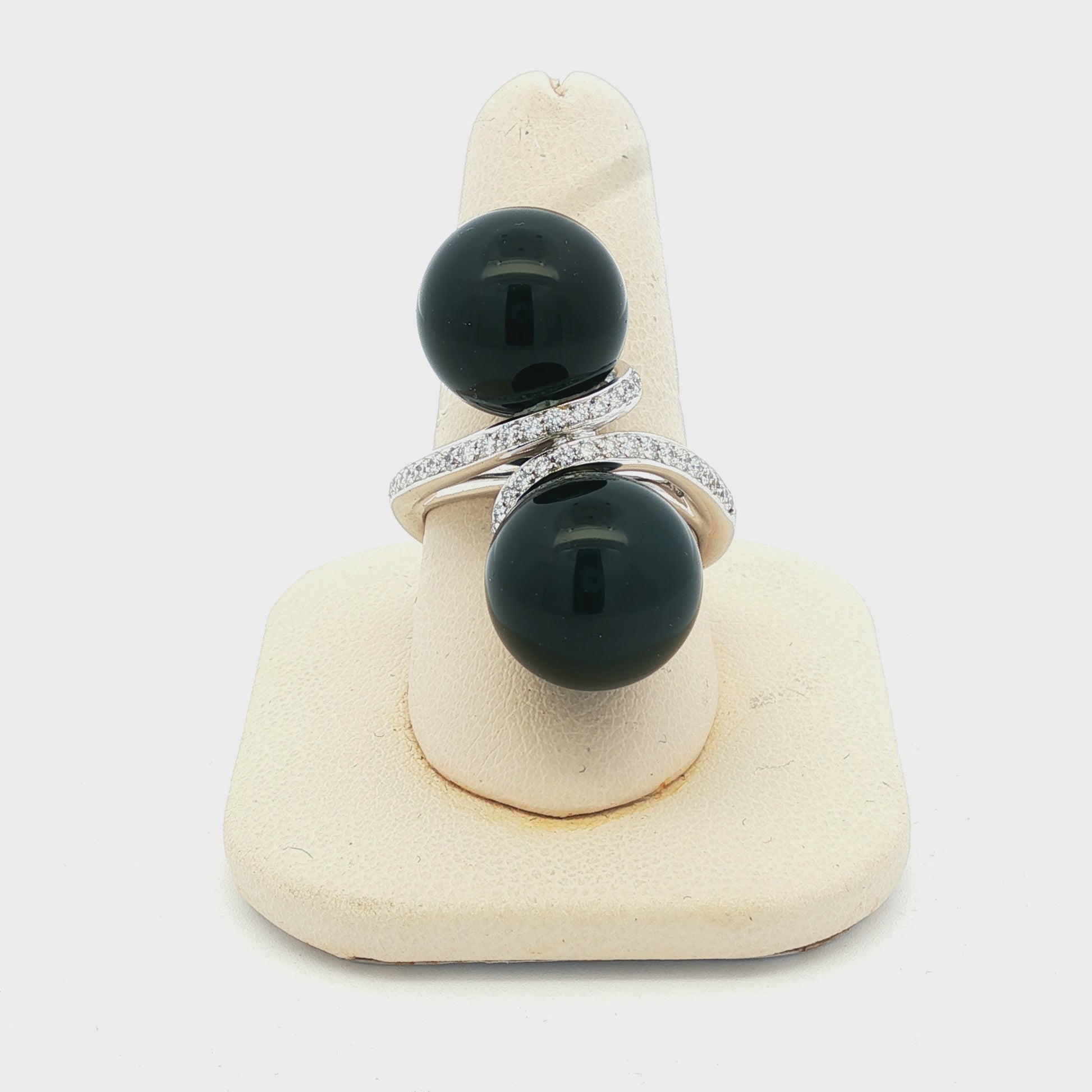 Black onyx offset balls and diamond 14k white gold ring