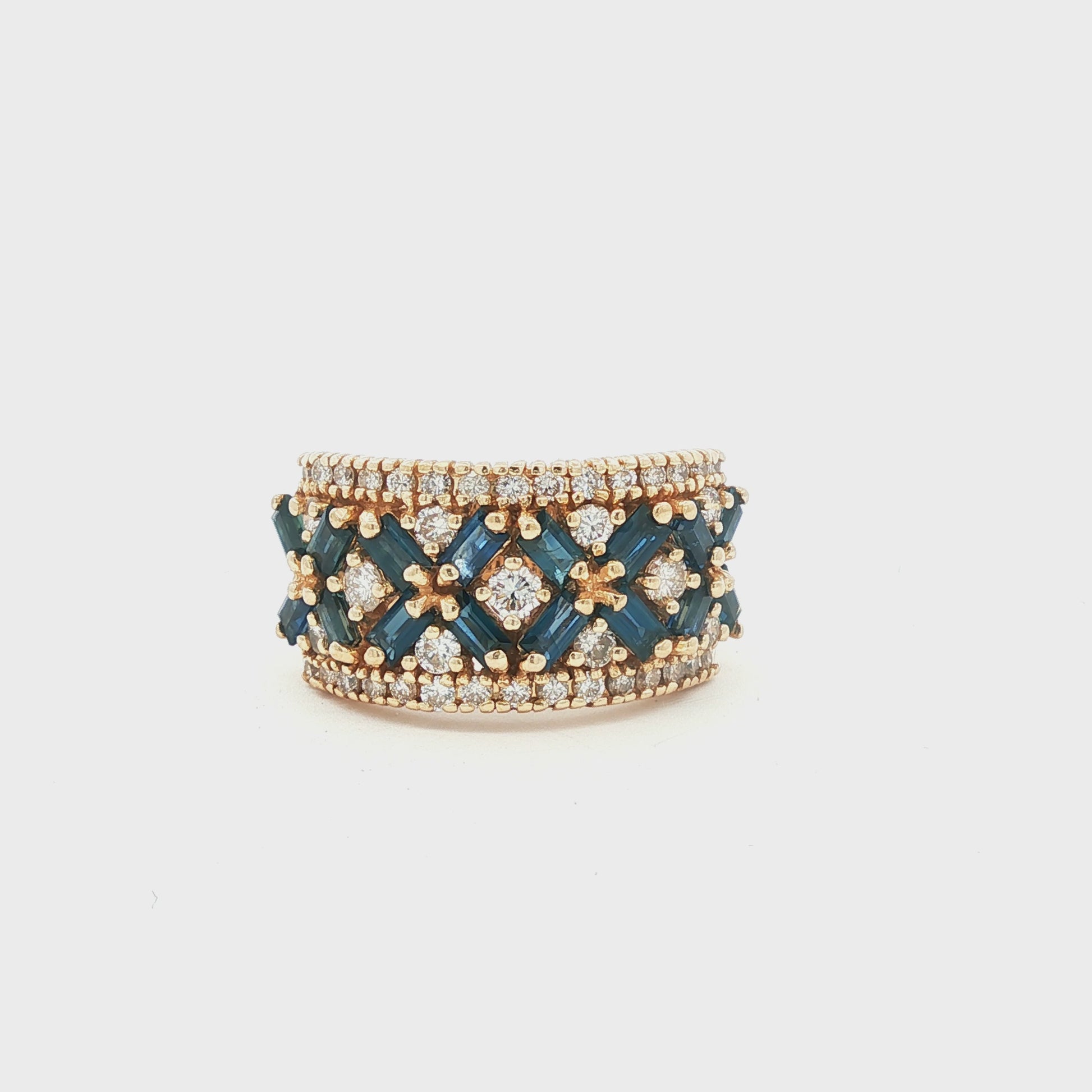 Blue Sapphire and Diamond 14k yellow gold Wide Band Ring