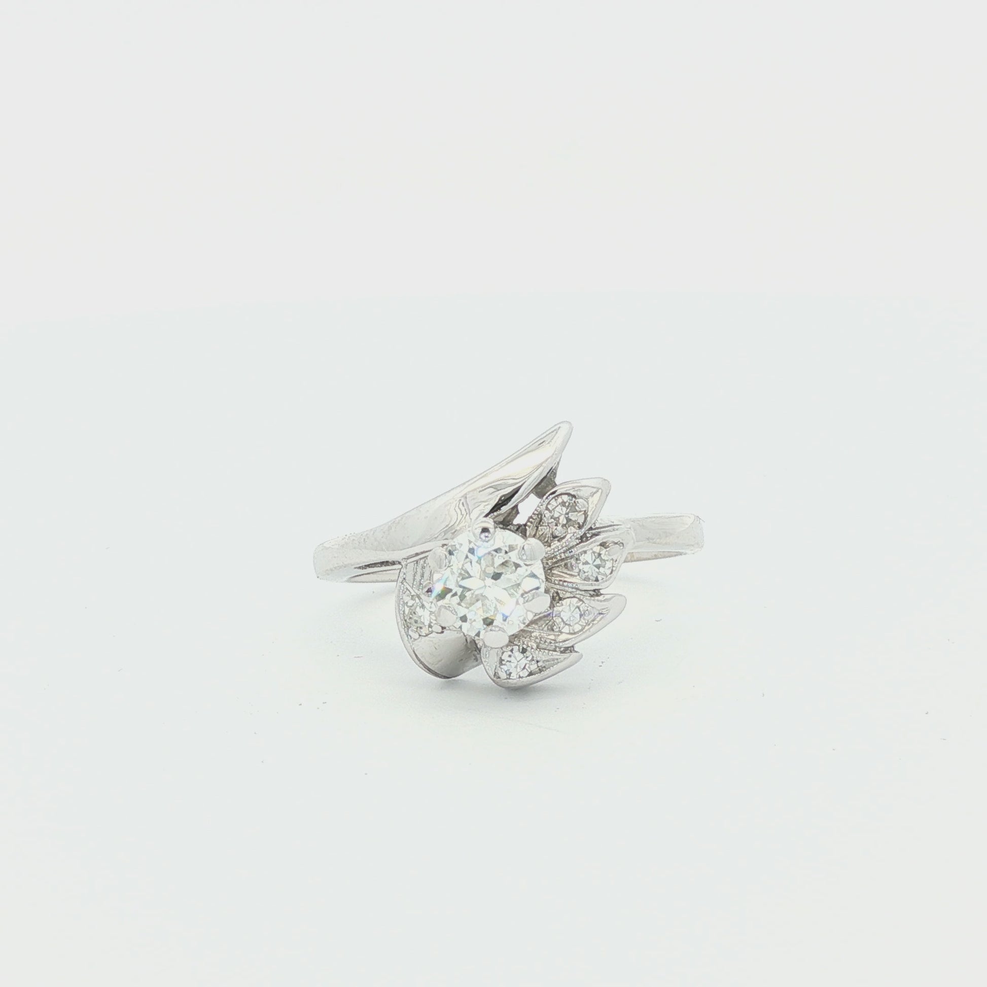Mid century Old European cut 14k white gold spray ring