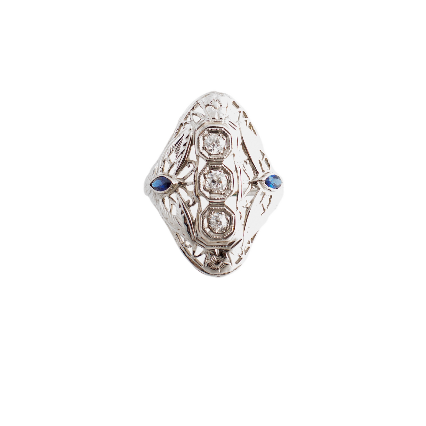 Filigree Diamond and Synthetic Sapphire Domed Ring