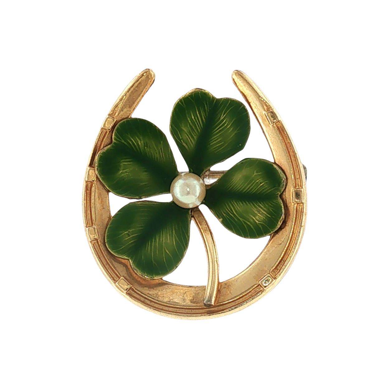 Green enamel clover and horseshoe brooch