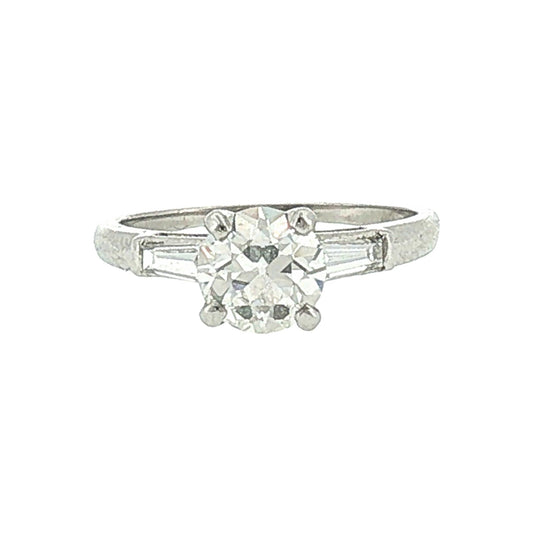 Mid-century Platinum .94 carat Old European Cut and Tapered Baguette Ring