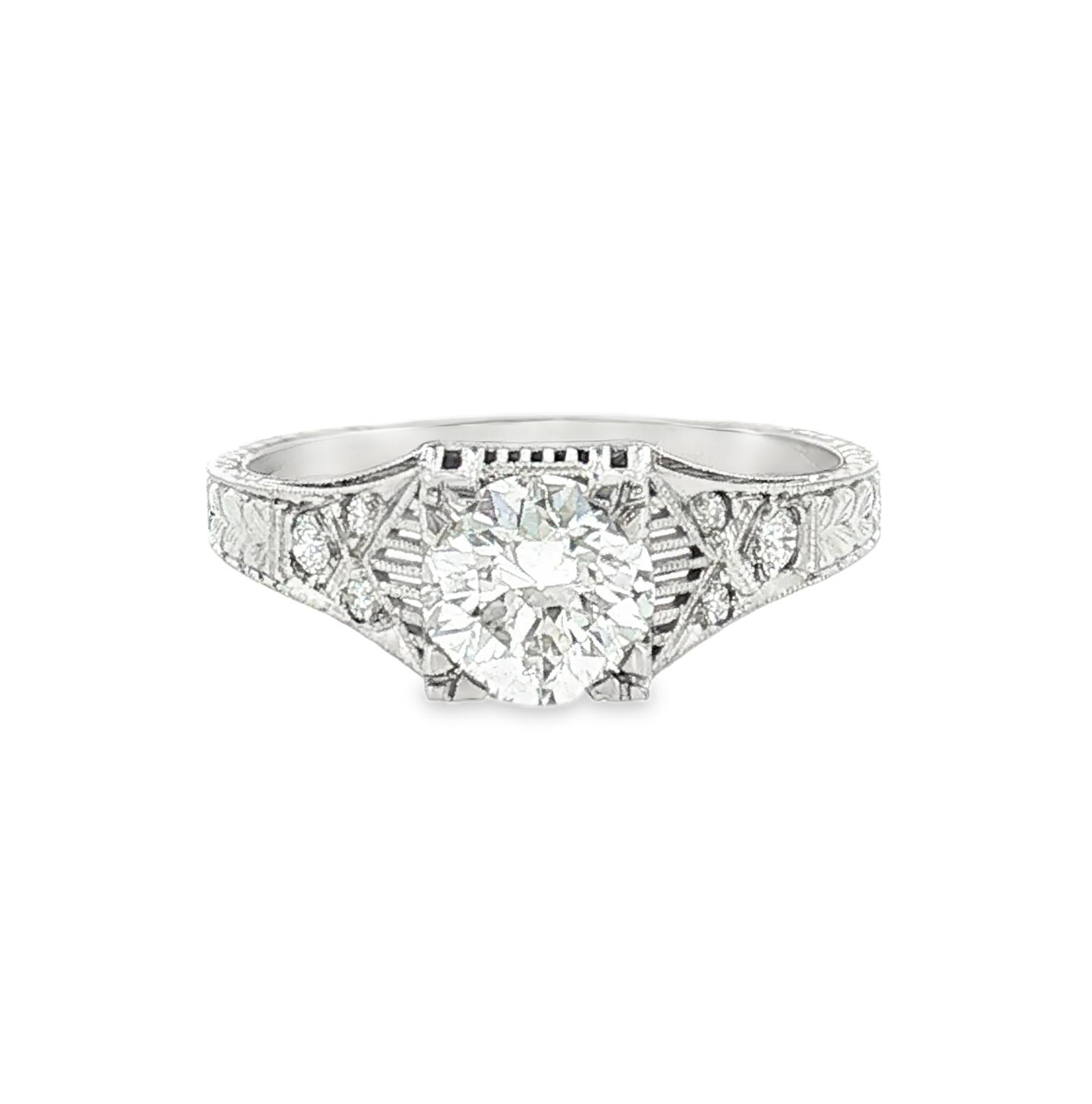 Repurposed 14k White Gold 1.05 Carat Old European Cut Deco Style Ring