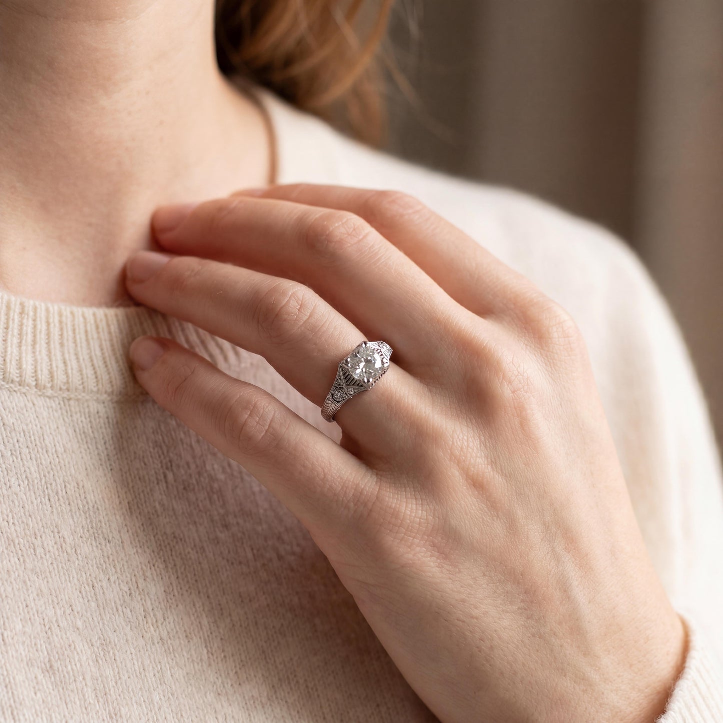 Repurposed 14k White Gold 1.05 Carat Old European Cut Deco Style Ring