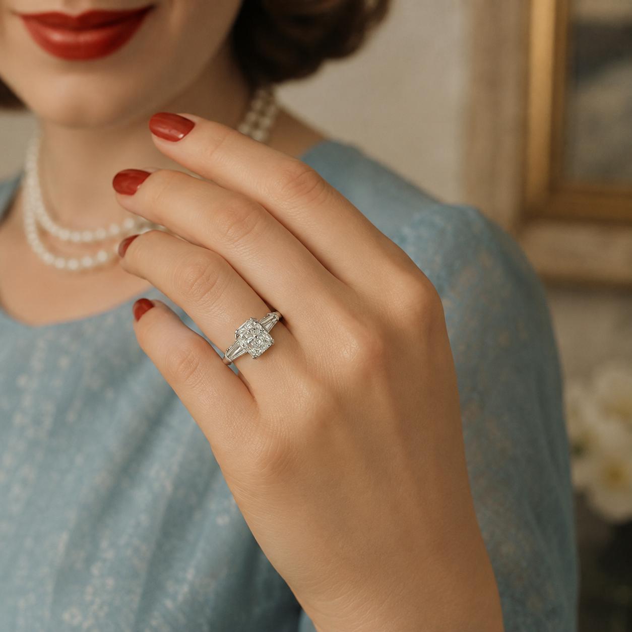 1950's Platinum Classic Tapered Baguette Engagement Ring with a 1.29 Radiant Cut