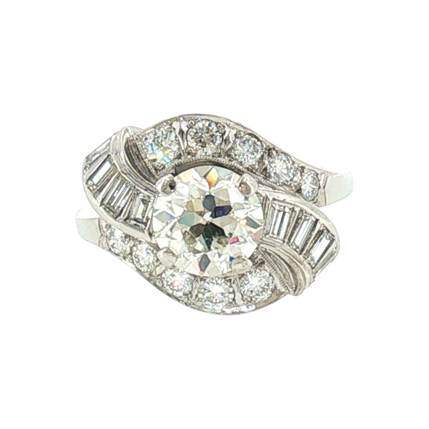 1950's 14k White Gold 1.46ct Old European Cut Diamond Bypass Ring