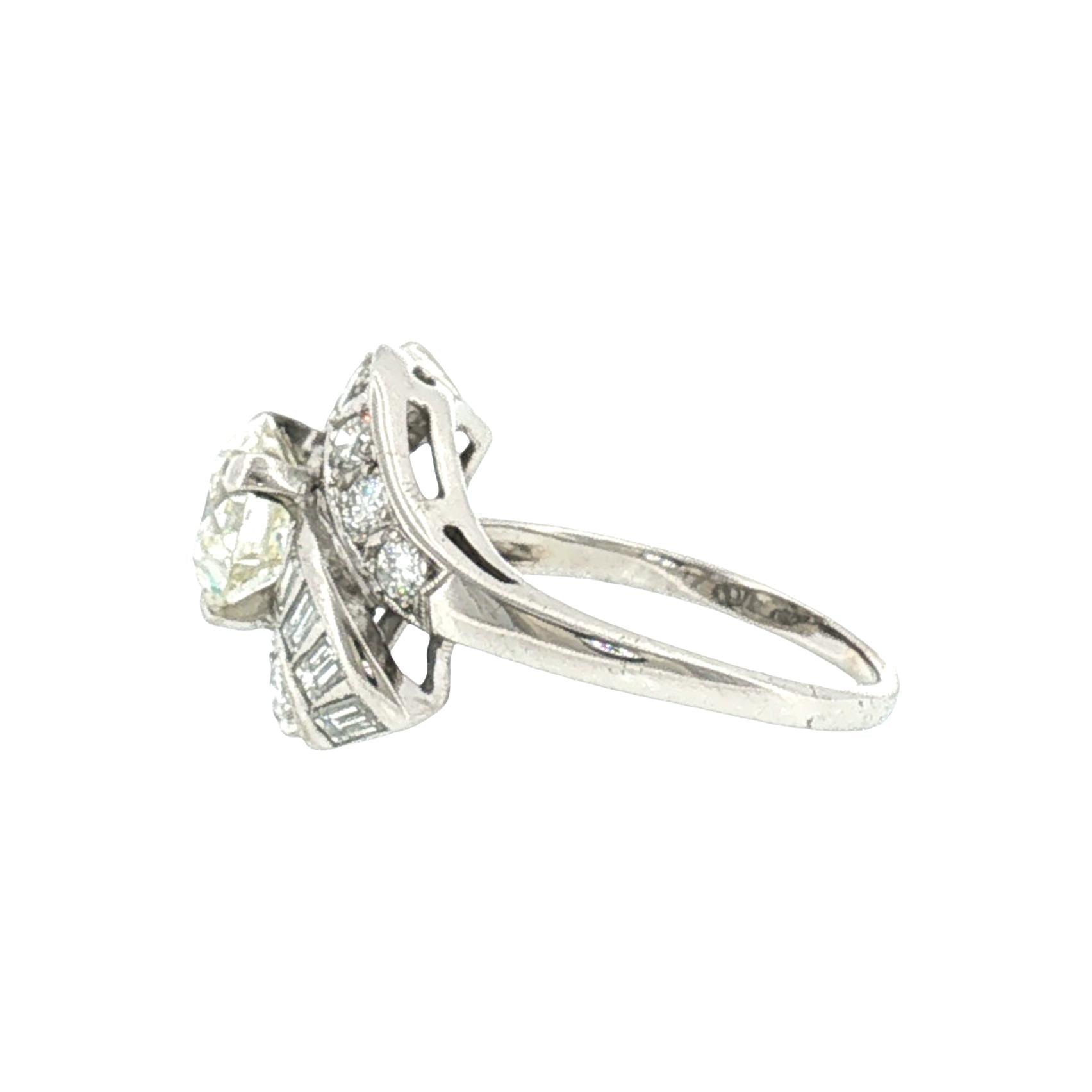 1950's 14k White Gold 1.46ct Old European Cut Diamond Bypass Ring