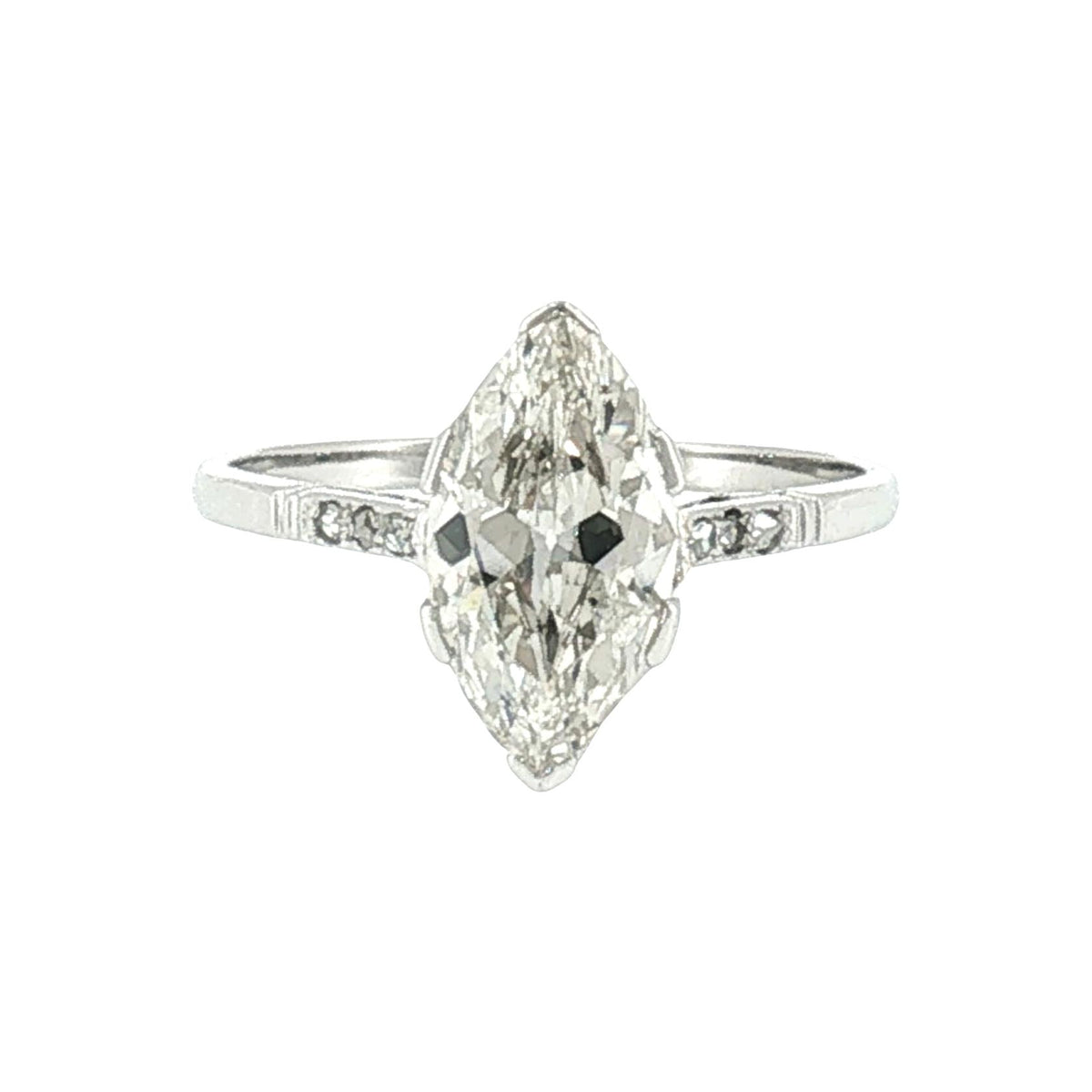 1920's Platinum 1.77ct Marquise Diamond with 6 Rose Cut Side Diamonds