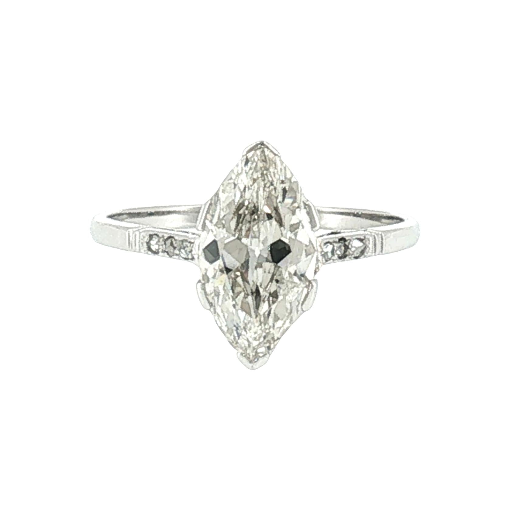 1920's Platinum 1.77ct Marquise Diamond with 6 Rose Cut Side Diamonds
