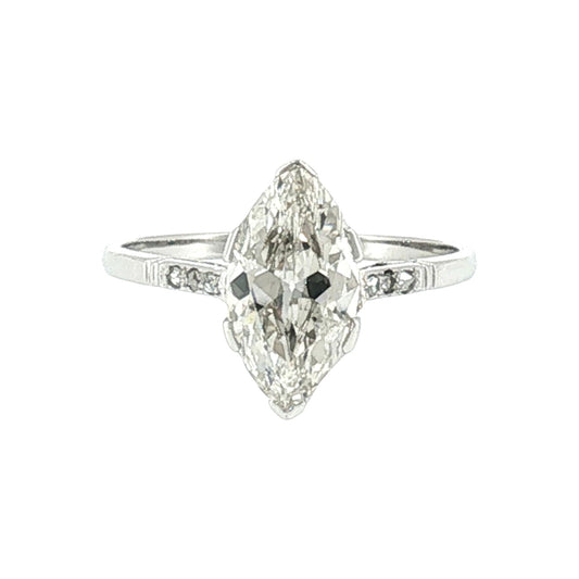 1920's Platinum 1.77ct Marquise Diamond with 6 Rose Cut Side Diamonds