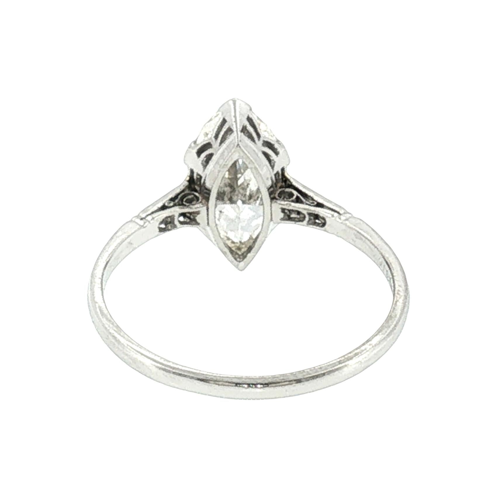 1920's Platinum 1.77ct Marquise Diamond with 6 Rose Cut Side Diamonds