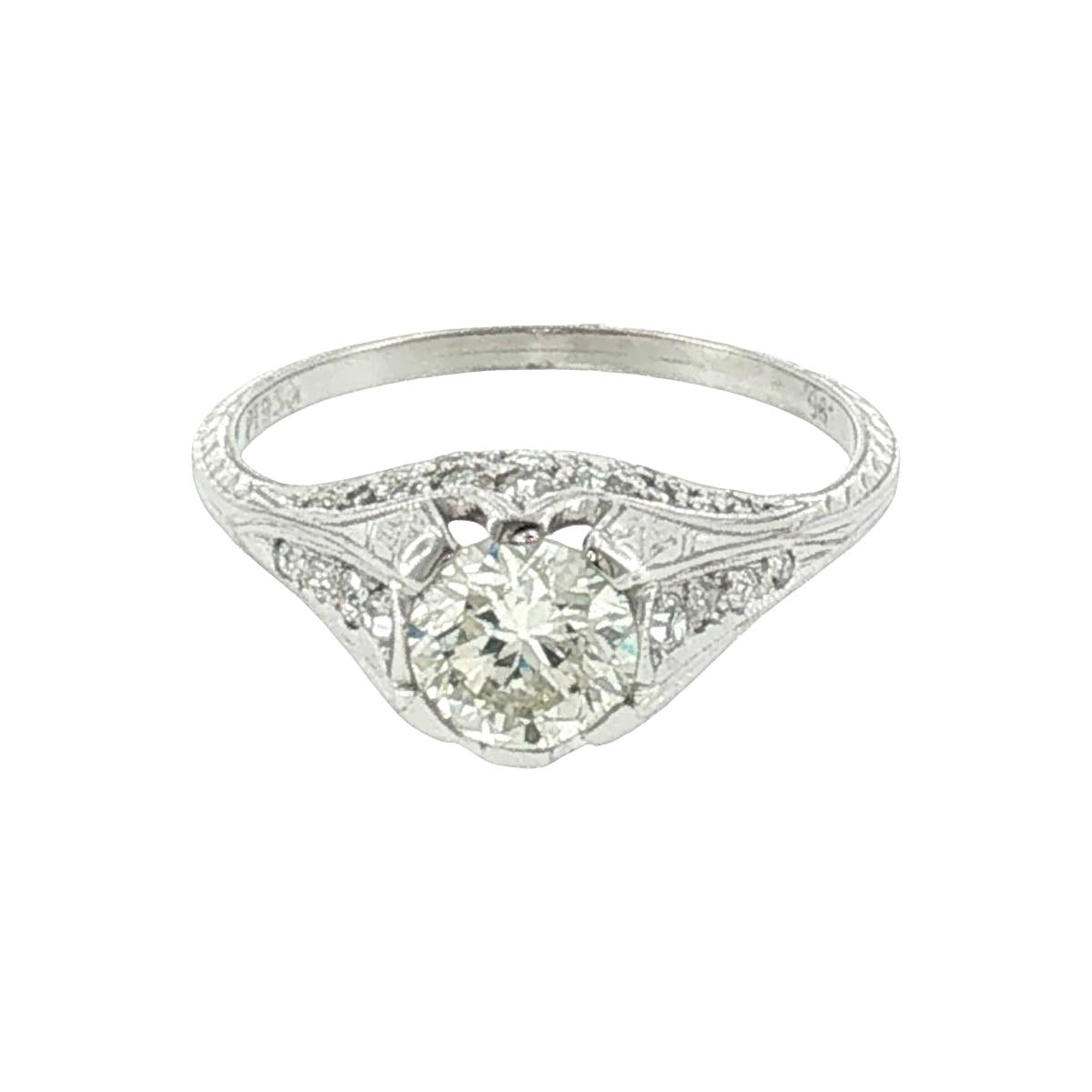 1920's Platinum .95 Carat Old European Cut Diamond Hand Engraved Engagement Ring