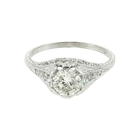 1920's Platinum .95 Carat Old European Cut Diamond Hand Engraved Engagement Ring