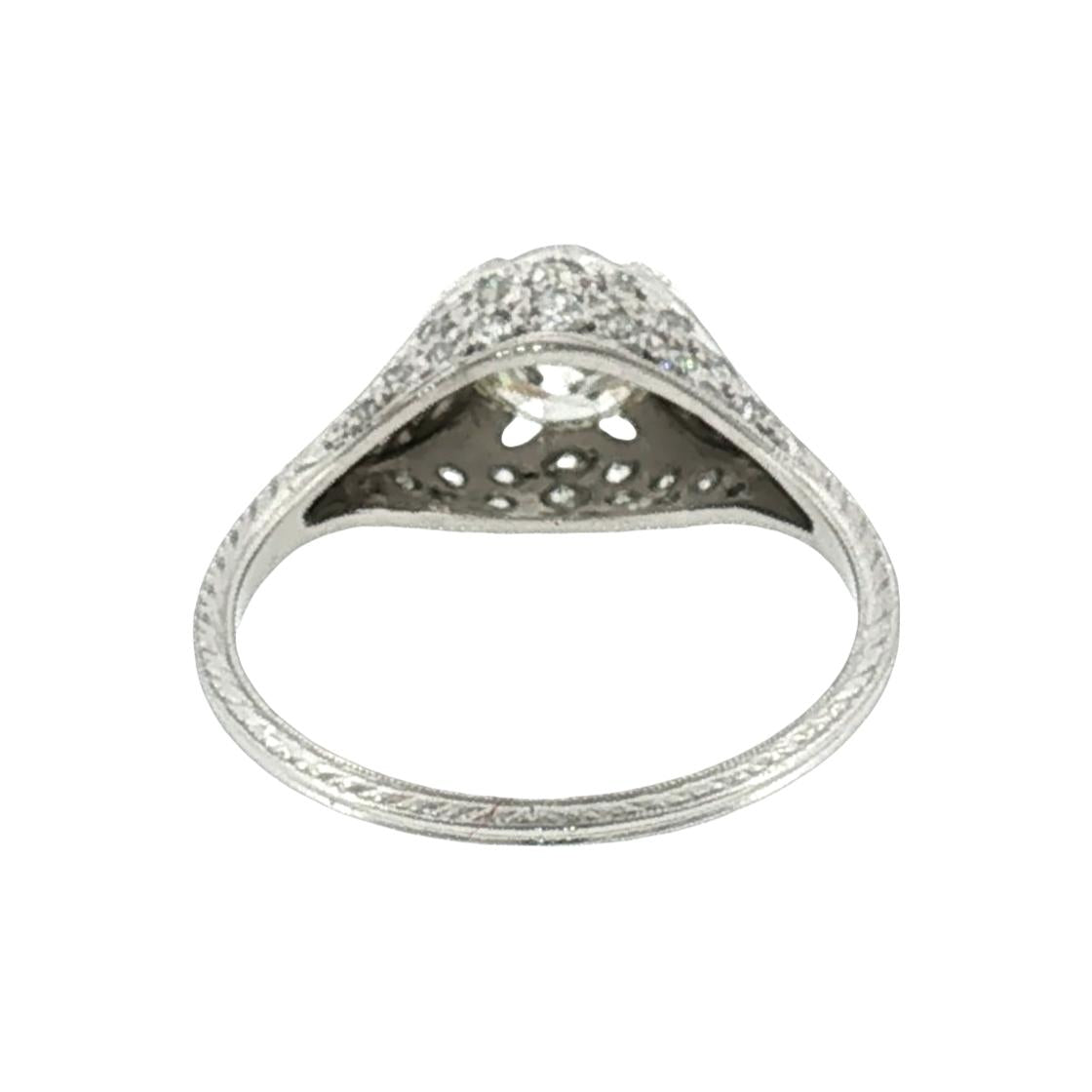 1920's Platinum .95 Carat Old European Cut Diamond Hand Engraved Engagement Ring
