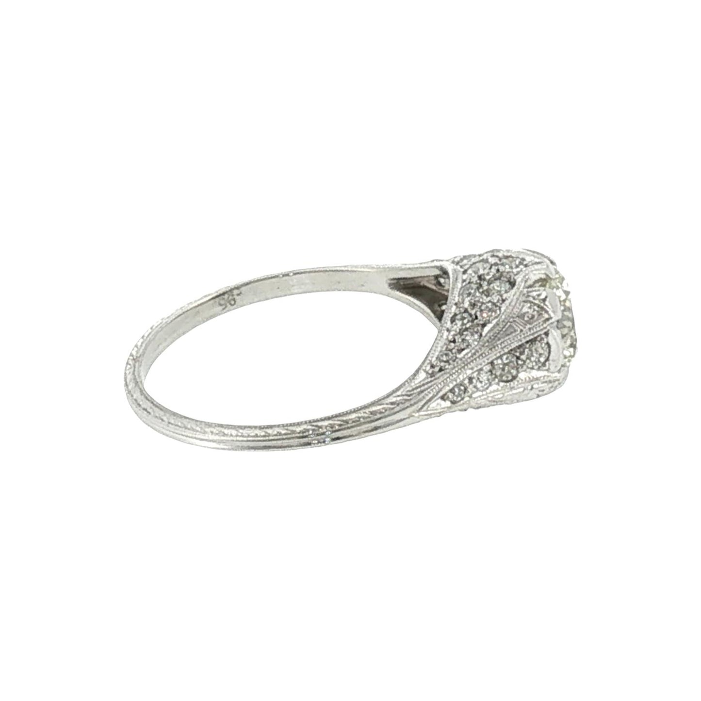 1920's Platinum .95 Carat Old European Cut Diamond Hand Engraved Engagement Ring