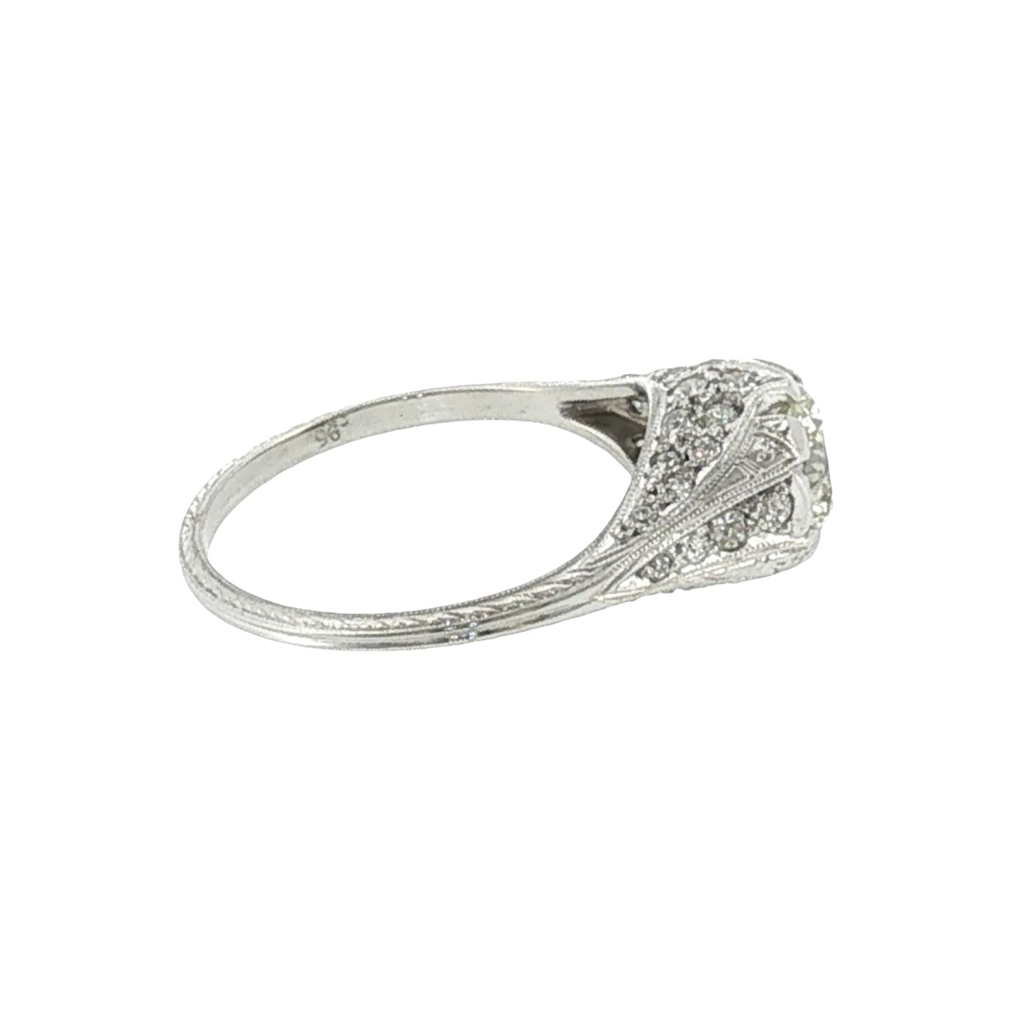 1920's Platinum .95 Carat Old European Cut Diamond Hand Engraved Engagement Ring