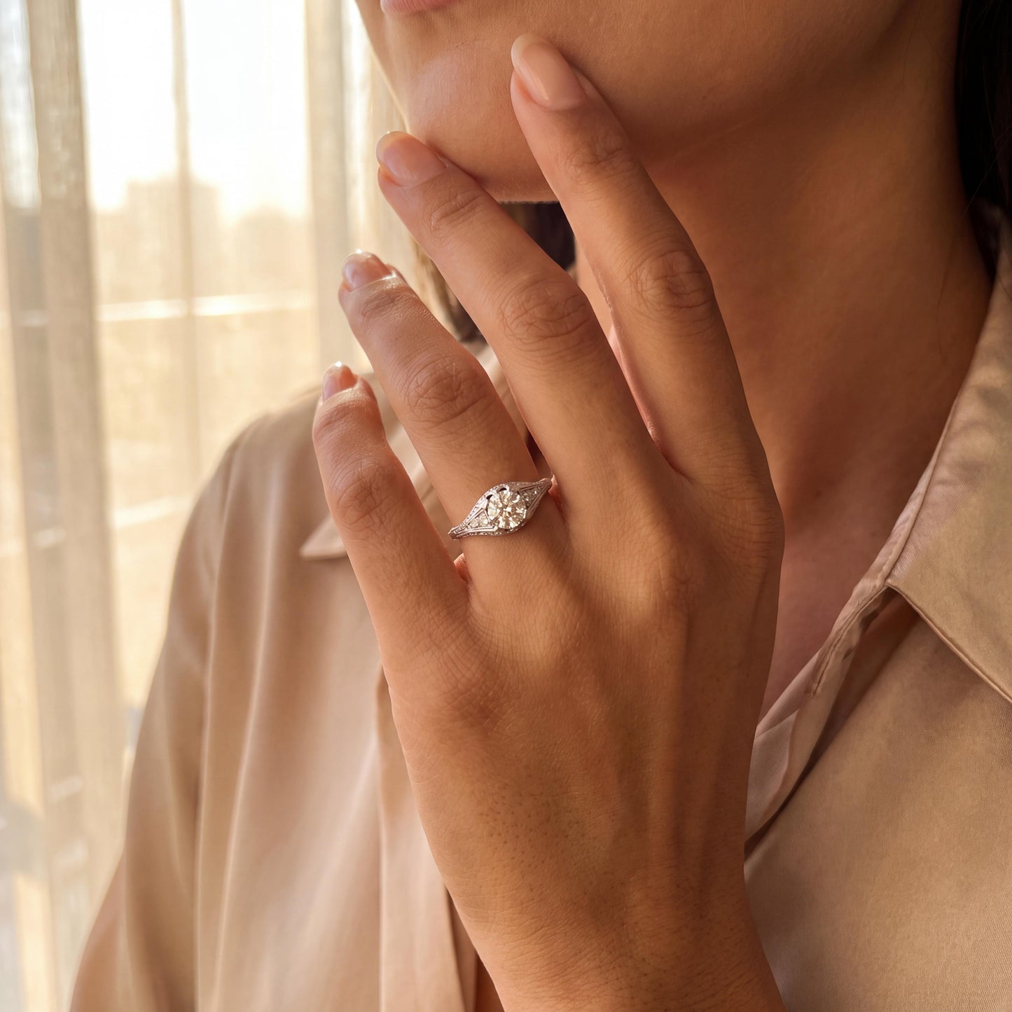 1920's Platinum .95 Carat Old European Cut Diamond Hand Engraved Engagement Ring